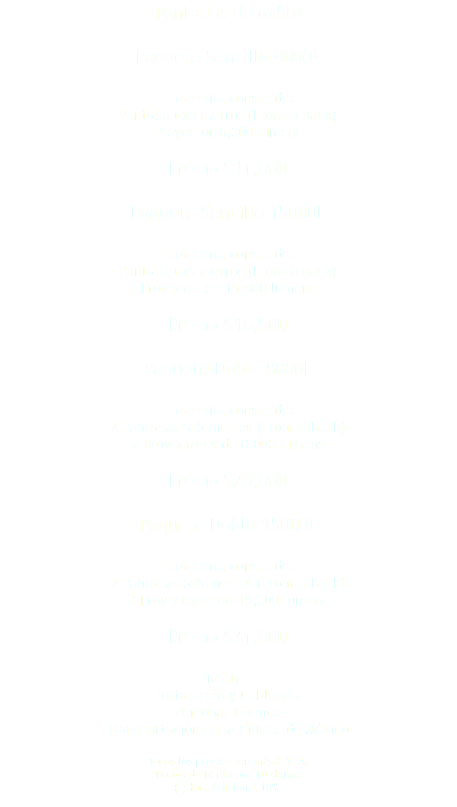Pantallas de 6x5m Paquete Sencillo 8000L Esta renta consta de: - Pantalla 6x5 metros (Front o Back) - - Proyector 8,000 lumens - Precio $11,000 Paquete Sencillo 15000L Esta renta consta de: - Pantalla 6x5 metros (Front o Back) - - Proyector de 15,000 lumens - Precio $16,500 Paquete Doble 8000L Esta renta consta de: - 2 Pantallas 6x5 metros (Front o Back) - - 2 Proyectores de 8,000 lumens - Precio $20,000 Paquete Doble 15000L Esta renta consta de: - 2 Pantallas 6x5 metros (Front o Back) - - 2 Proyectores de 15,000 lumens - Precio $31,000 Incluye: - Instalación y Cableado - - Personal Técnico - - Transportación en la Ciudad de México - Todos los precios son más I. V. A. Precios de Renta por 10 Horas.* (*)Hora Adicional 10%. 